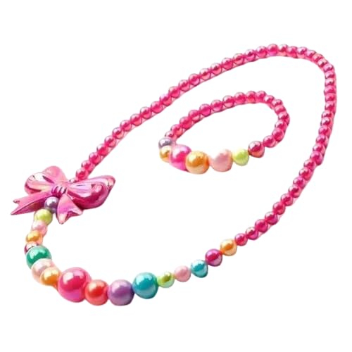 El Regalo Shiny Rose Pink Bow Beads Necklace & Bracelet Jewelry Set for Girls/Kids- Colorful Rainbow Beads Bow Girls Jewelry Set
