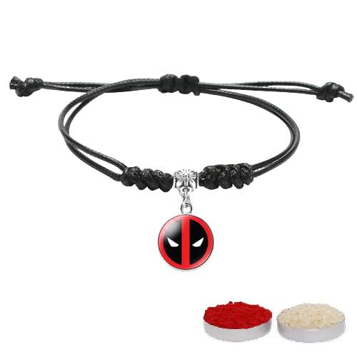 El Regalo 1PC Superhero Kids Rakhi- Fun Kids Bracelet Rakhi with Roli Chawal, Rakhi Message Card in Rakhi Gift Box for Little Bro/Sister/Niece or Nephew (Deadpool Black Rakhi)