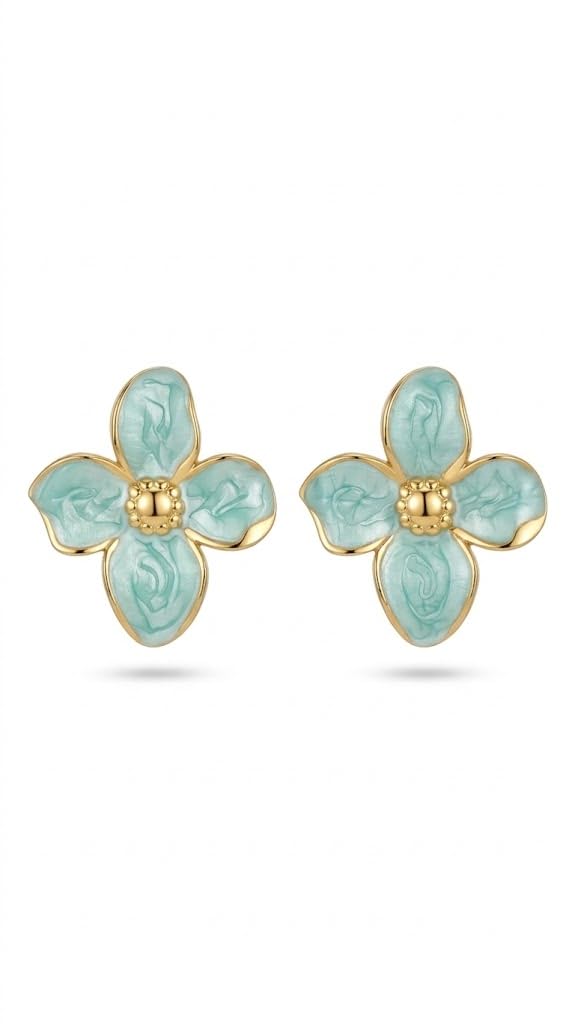 El Regalo Luxurious Oil Drip Flower Stud Earrings for Women & Girls | Stainless Steel Floral Studs | Anti-Tarnish, Skin Friendly Enamel Jewelry | Gift for Her (Floral Collection) (Teel Green - Gold)
