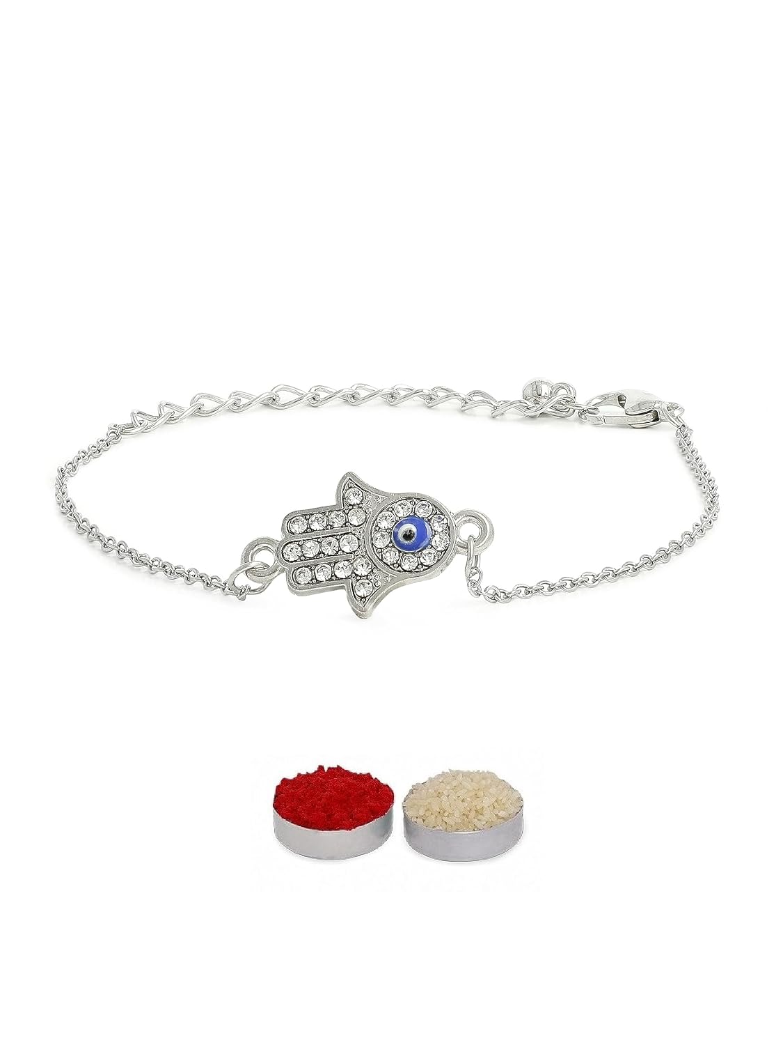 El Regalo 1PC Hamsa Hand CZ Evil Eye Chain Rakhi for Brothers | Lucky Evil Eye Rakhis with Roli Chanwal, Rakhi Message card in Rakhi Gift Box for Bhai/Bhabhi/Niece or Nephew (Silver Hamsa Hand)