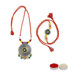 El Regalo Designer Bhaiya- Bhabhi Rakhi Luma/Lumba Set- Kundan, Pearls Rakhi with Roli Chawal in Gift Box- Luma Convertible into Necklace (Option-3)