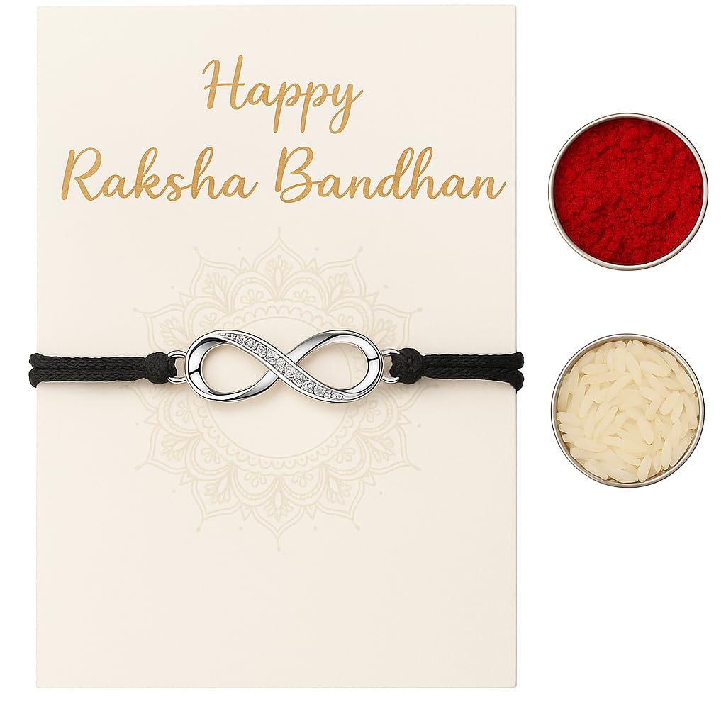 El Regalo 925 Silver Plated CZ Infinity Charm Rakhi for Brother - Elegant Bracelet Rakhi with Roli Chawal, Message Card & Rakshabandhan Box