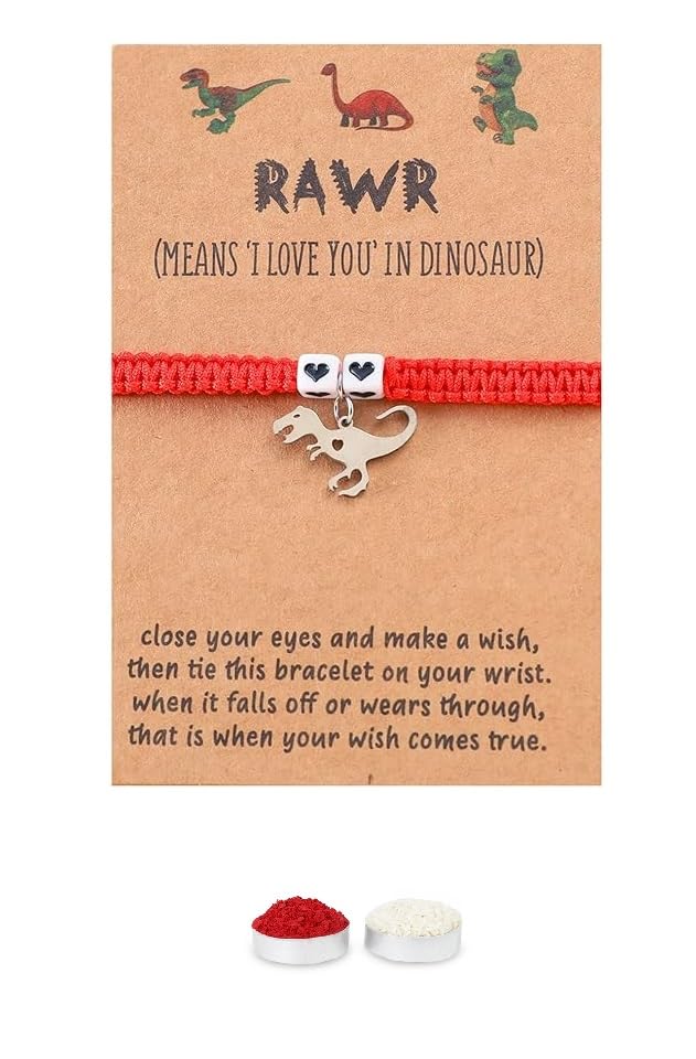 El Regalo Cute Rakhi for Brother- Fancy Tyrannosaurus Dinosaur Bracelet Rakhi for Bhai with Roli Chawal, Rakhi Message Card in Rakhi Gift Box (Red Heart Dino)