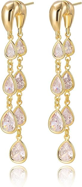 El Regalo 14K Gold Plated Crystal Drop Dangle Earrings for Women - Dainty Front Back Statement Earrings - Hypoallergenic Cubic Zirconia Tear Drop Long Dangly Earrings for Weddings, Parties, and Gifts