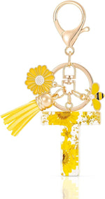 El Regalo Personalized Name Initials Natural Flowers & Bee Charm Keychain - Custom Letter Keyring with Daisy Flower & Honey Bee Pendant, Purse, Bag, Backpack Accessory (Letter T)