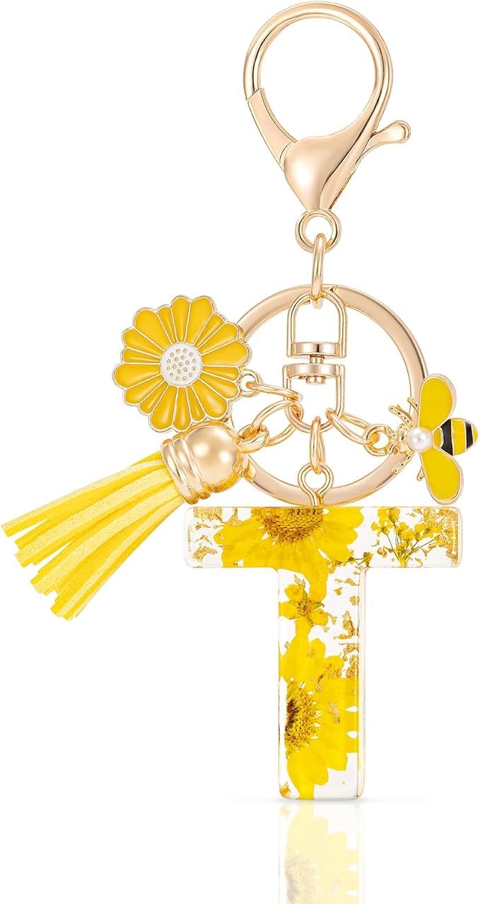 El Regalo Personalized Name Initials Natural Flowers & Bee Charm Keychain - Custom Letter Keyring with Daisy Flower & Honey Bee Pendant, Purse, Bag, Backpack Accessory (Letter T)
