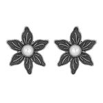 El Regalo Oxidized Rose Flower Statement Earrings- Silver Lookalike Brass Floral Ghungroo Earrings with Antique Silver Finish for Women