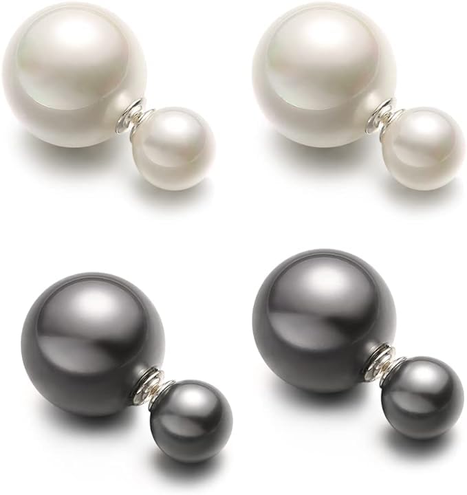 El Regalo 2 Pairs Pearls Earrings- Front & Back Double Sided Small & Big Simulated Pearl (White & Grey) Stud Earrings for Girls & Women