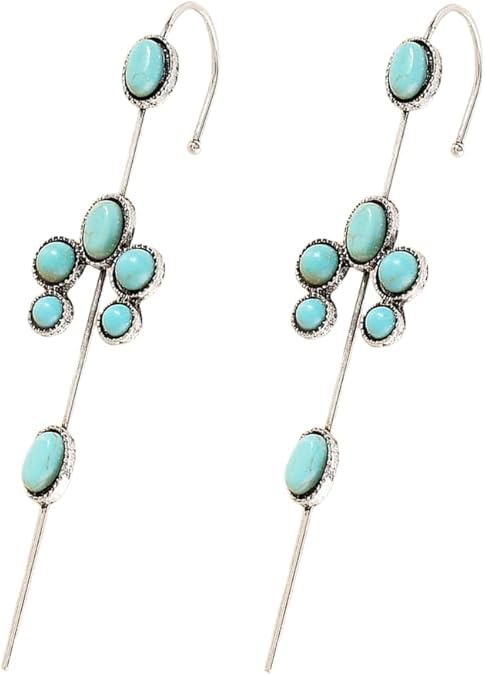 El Regalo 2PCs Turquoise Ear Wrap Crawler Hook Stud Earrings for Women Girls- Long Bar Piercing Ear Cuffs Boho/Bohemian Statement Earrings (Style-1)