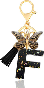 El Regalo Personalized Name Initials Butterfly Charm Keychain - Name Letter Keyring with Black & Golden Tassel & Butterfly Pendant, Purse, Bag, Backpack Accessory (F Letter)