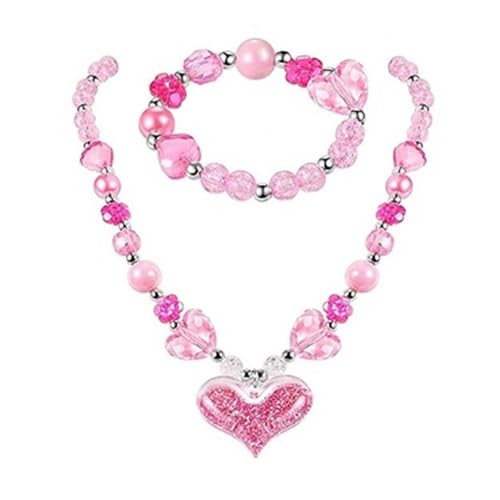 El Regalo Girls Kids Glittery Pink Heart Beads Princess Necklace & Bracelet Jewelry Sets- Acrylic Heart Beads Princess Necklace Bracelet Jewelry Set for Toddlers Girls Kids