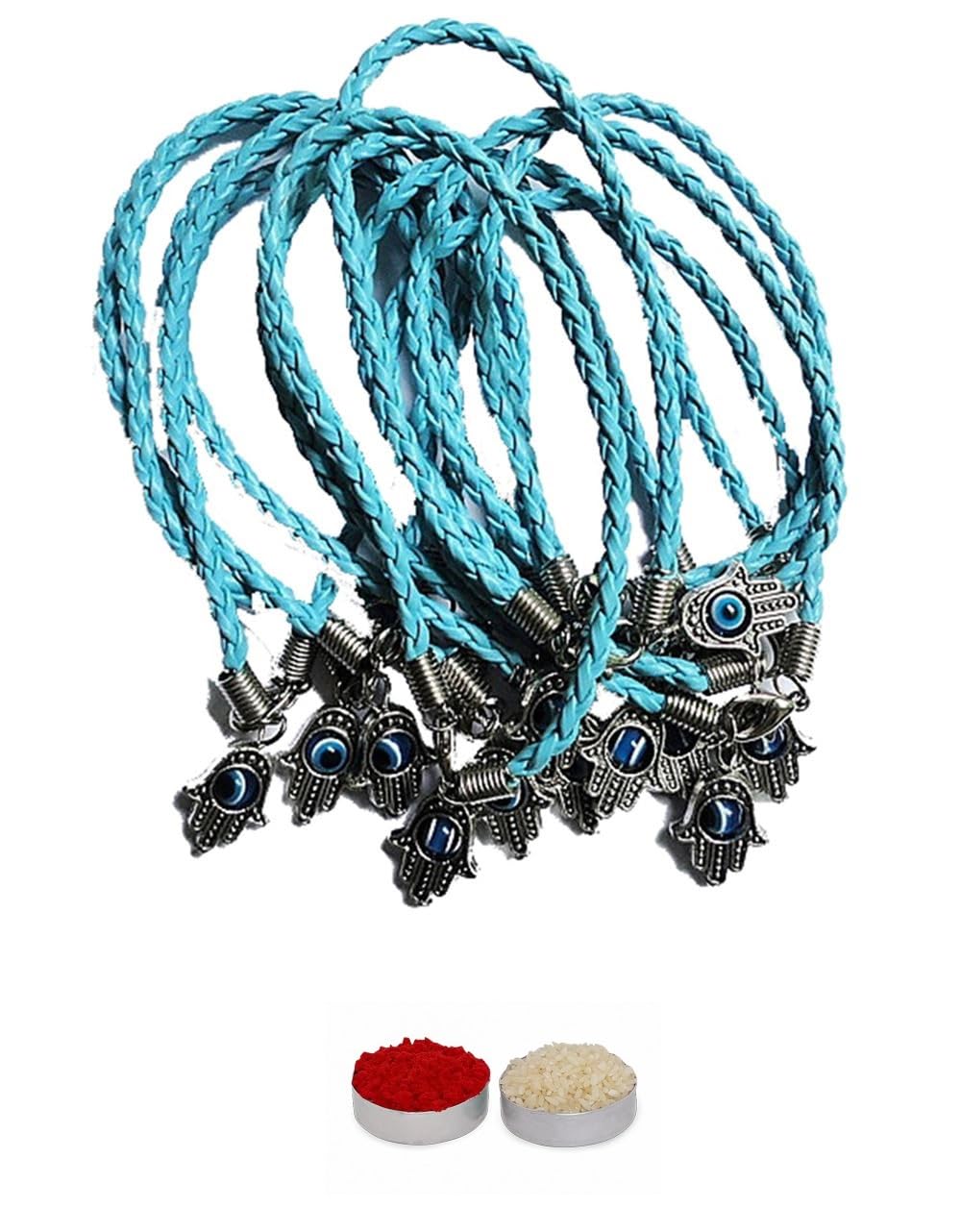 El Regalo 10 PCs Evil Eye Hamsa Hand Rakhi Combo - Evil Eye Rakhi Set for Brother with Roli Chawal - 10 Lucky Kabbalah Blue Turkish Evil Eye Rakhi for Bhaiya/Bhai/Brother/Nephew (Light Blue)