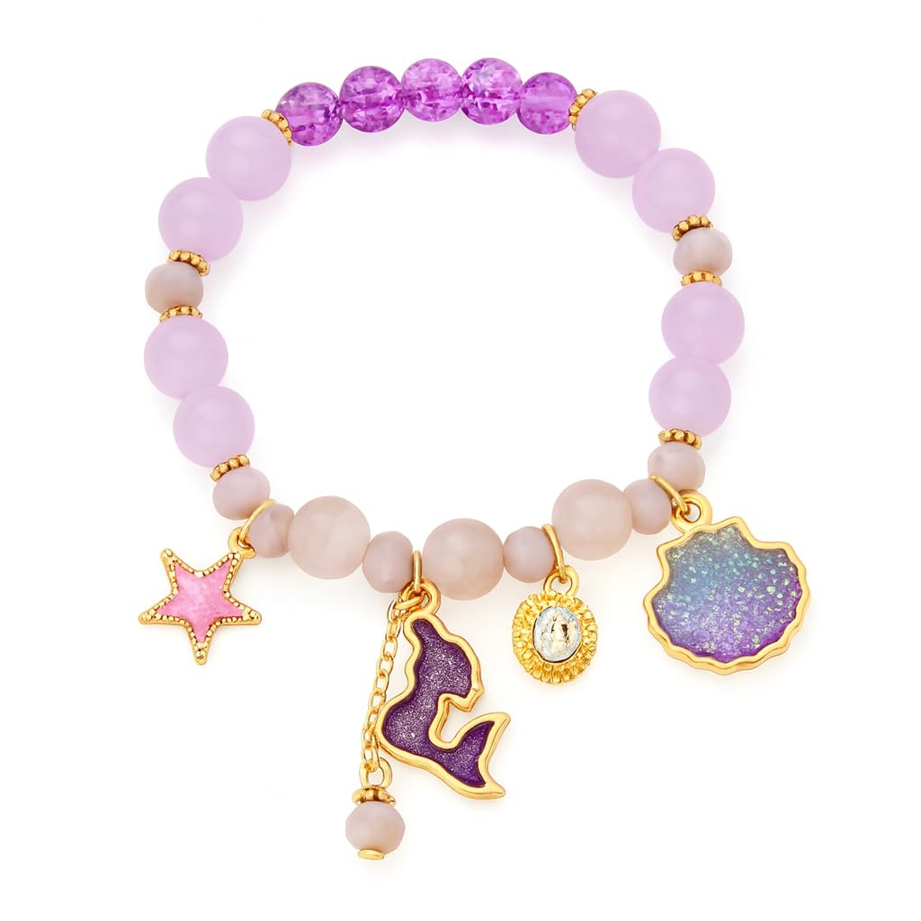 El Regalo Opal Stone Beads Bracelet With Dolphin, Star, Shell Pendant For Kids/Girls/Women (Purple)