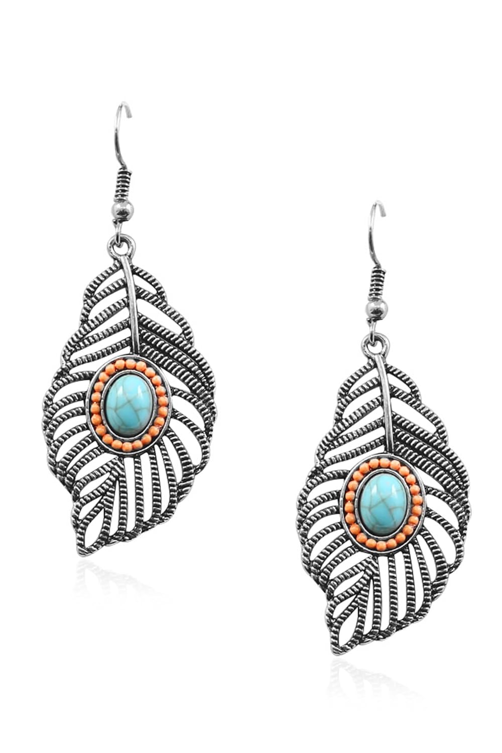 El Regalo Gorgeous Bohemian Ethnic Faux Turquoise Leaf Earrings- Beautiful Boho Hippie Feather Drop Hook Earrings