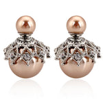 El Regalo Beautiful Double Sided Pearl Earrings for Women - Elegant Crown Rhinestone Front Back Studs | Korean Style Moti Earrings (Silver Brown)