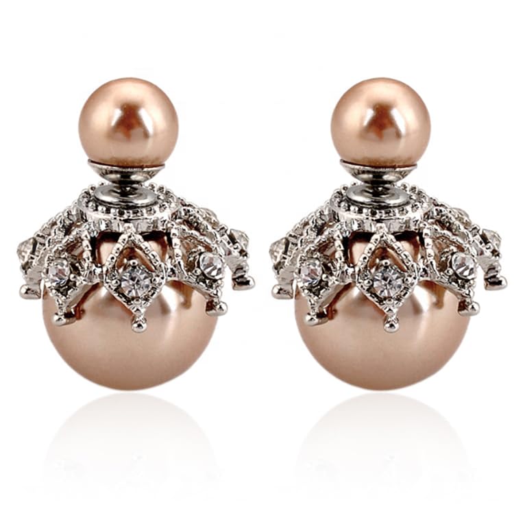El Regalo Beautiful Double Sided Pearl Earrings for Women - Elegant Crown Rhinestone Front Back Studs | Korean Style Moti Earrings (Silver Brown)