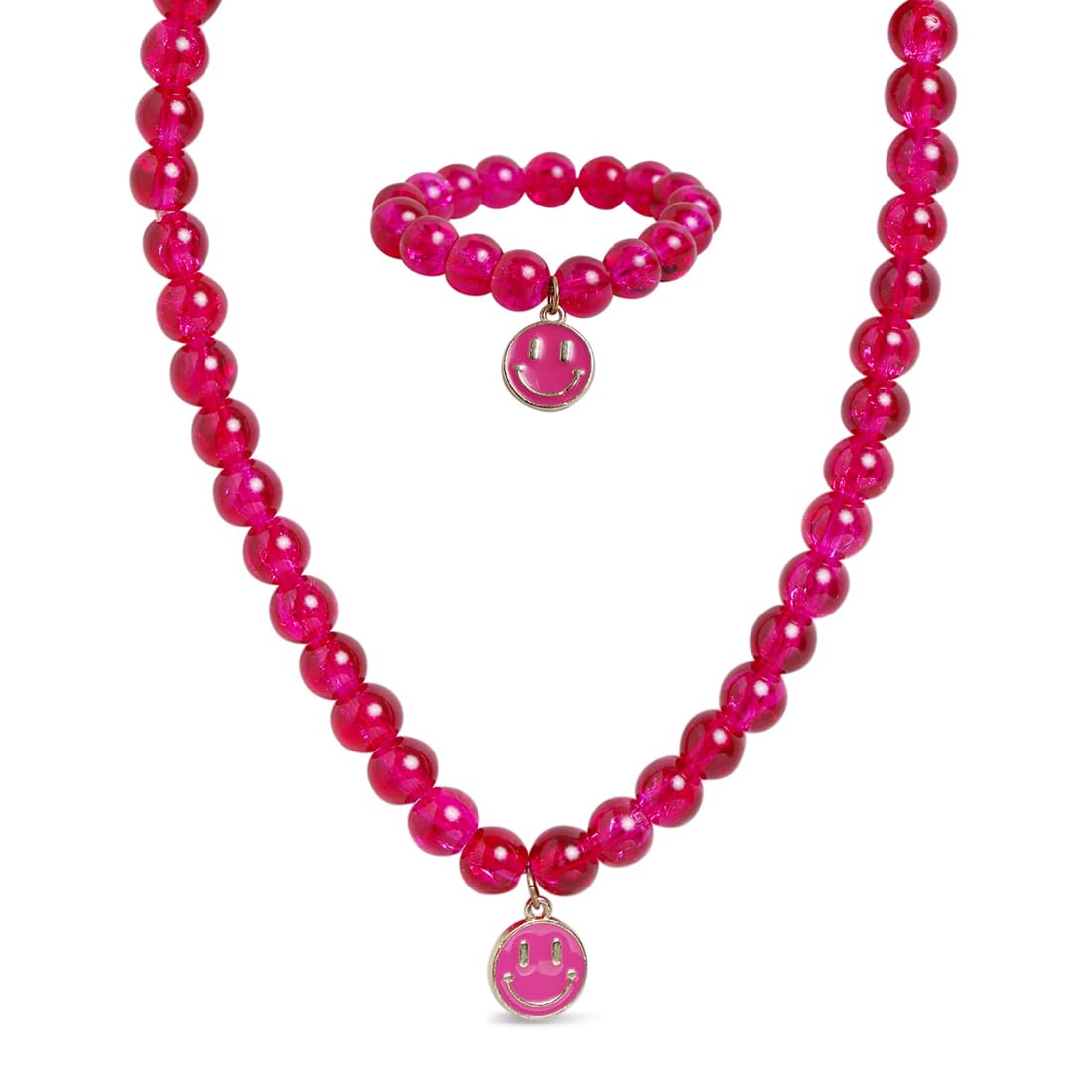 El Regalo 2 PCs Shiny Crackled Beads Kids Girls Necklace & Bracelet Jewelry Sets - Cute Kids Charms Jewelry with Sparkly Beads for Kids/Toddlers Girls (Smily Jewelry Set)