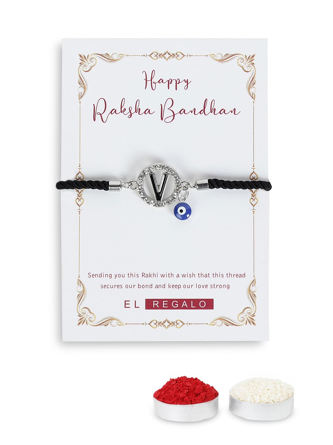 El Regalo Name Initials Evil Eye Bracelet Rakhi for Brother- Name Letter CZ Rakhi with Roli Chawal, Message Card in Rakshabandhan Box for Bhai (Black-V)