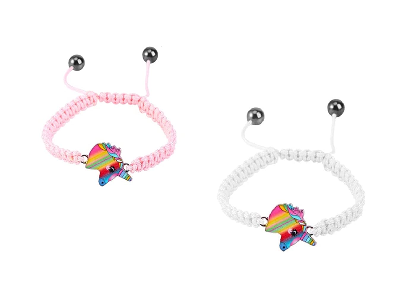El Regalo 2 PCs Lovely Braided Unicorn Beads Bangle Bracelet for Girls Kids/Cute Cartoon Horse Weave Ropes Anklets Bracelets Jewelry For Kids Girl Women (Peachy Pink & White)