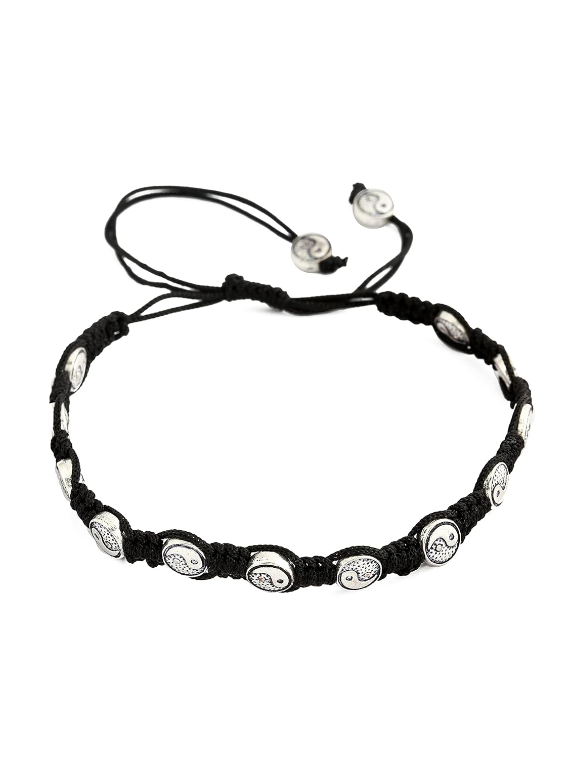 El Regalo 1 PC Boho Macrame Adjustable Oxidized German Silver Bead Nazabattu Anklet for Girls & Women- 1 Leg Bohemian Tribal Thread Anklet (Yin Yang Nazarbattu Anklet)
