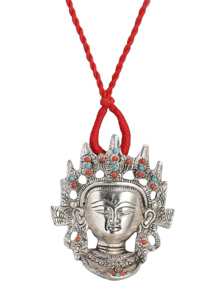 El Regalo Womens Big & Bold Ma Durga Face Pendant Necklace- Handmade Goddess Durga Thread Boho Tribal Neckpiece for Navratri Celebrations (Red)