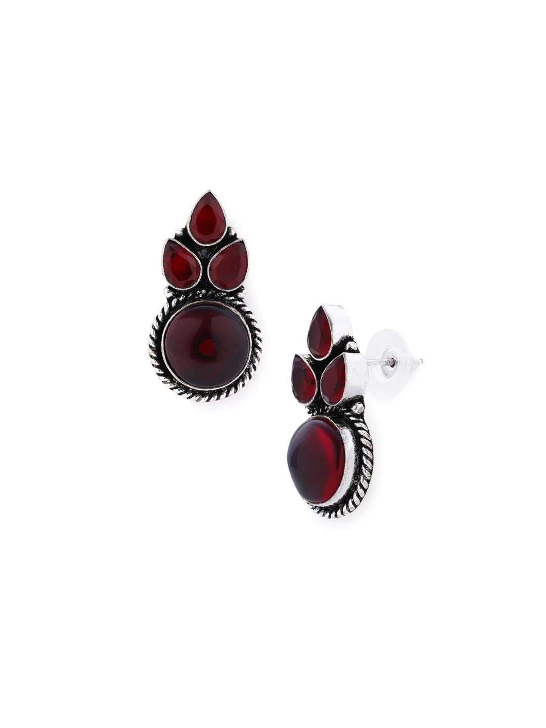 El Regalo Silver Look-Alike Oxidized Earrings for Women - Handcrafted Elegant Leaf Design Brass Earrings with Monalisa Stones - Traditional Earrings for Ethnic & Casual Wear (Red)