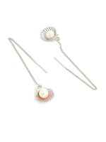 El Regalo 925 Silver Plated Minimalist Long Thin Linear CZ Elegant Threader Dangle Chain Earrings for Girls & Women (Pearl Shell Threader Earrings)