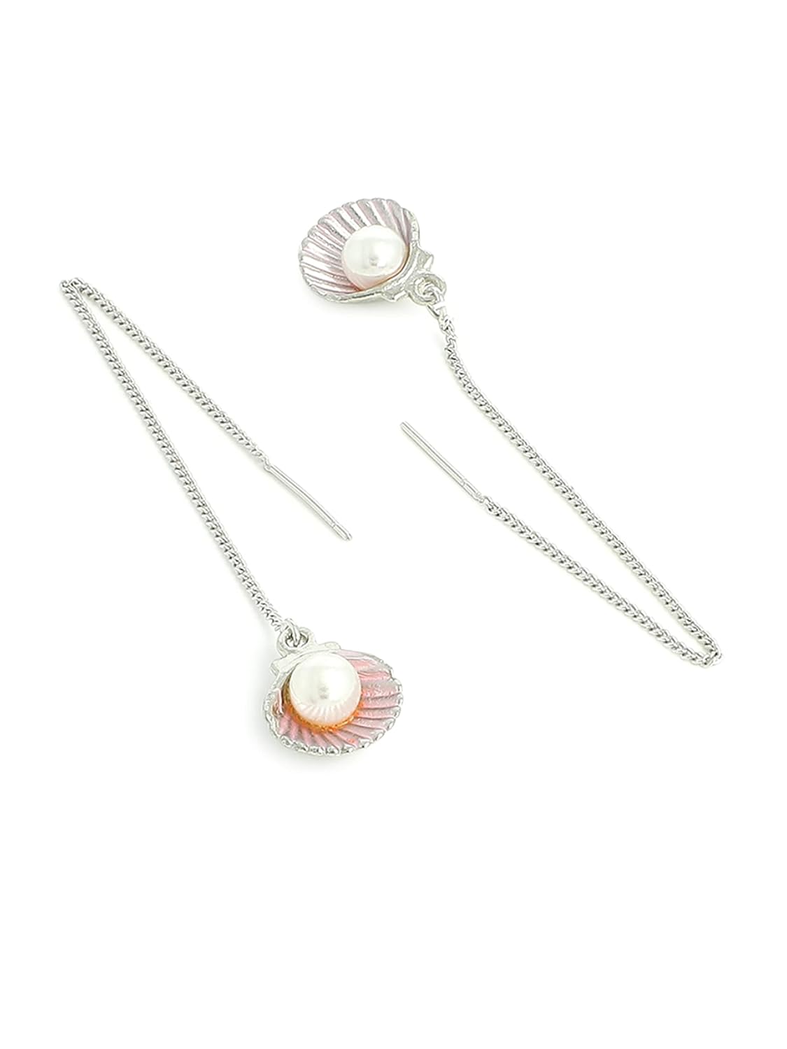 El Regalo 925 Silver Plated Minimalist Long Thin Linear CZ Elegant Threader Dangle Chain Earrings for Girls & Women (Pearl Shell Threader Earrings)