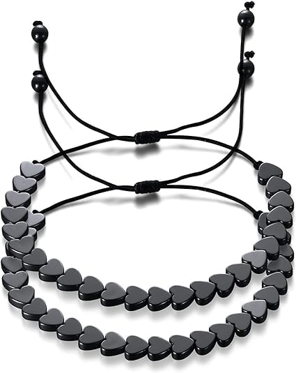 El Regalo Unisex-Adult 2 Pcs Braided Black Hematite Arrow Heart Adjustable Bracelets Set for Couples - Natural Gemstone Link Bracelet (Heart Hematite)