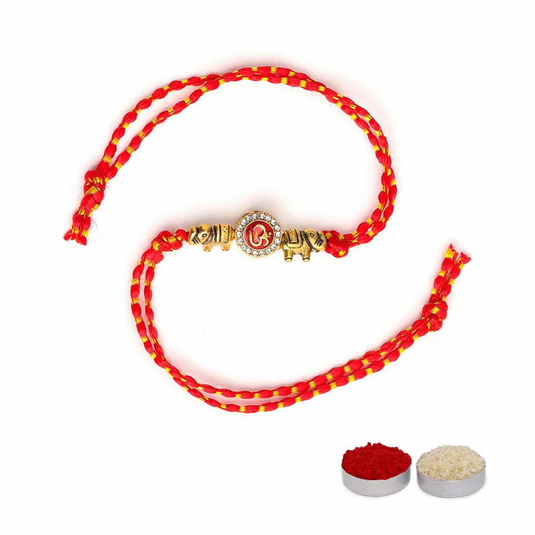 El Regalo 1PC Fancy OM Ganesha Swastik Red Moli Thread Rakhi for Brother/Bhai/Bhaiya- Auspicious OM/Aum, Ganesha, Satiya Rakhi with Roli Chawal, Rakhi Message Card in Rakhi Gift Box (OM Rakhi)
