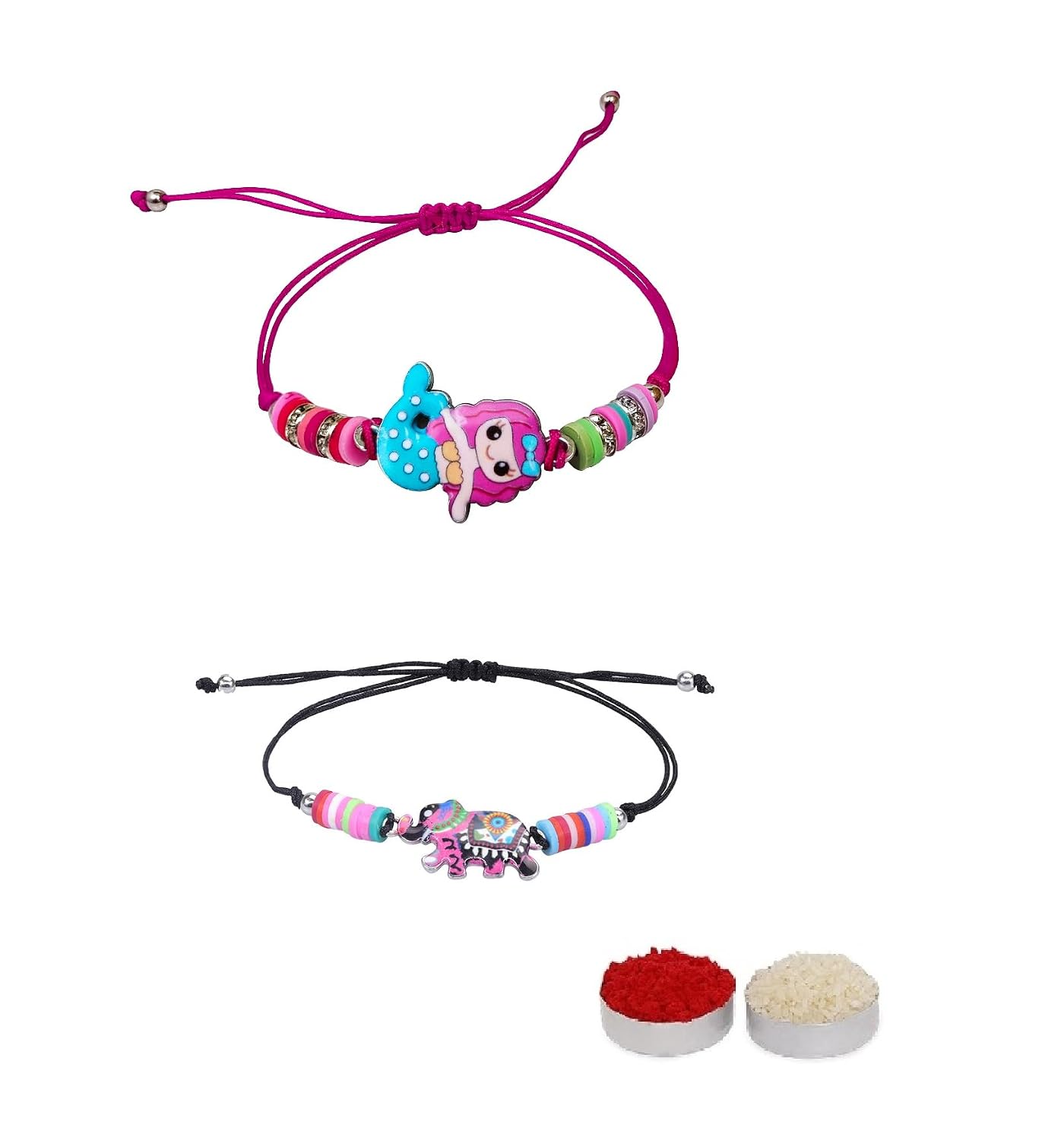 El Regalo 2 PCs Cute Rakhis Set for Kids - Beautiful 2 Kids Rakhis Set for Girls & Boys with Roli Chawal, Message Card in Rakhi Gift Box for Little Brother/Niece/Nephew (Mermaid & Elephant Rakhi)