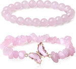 El Regalo 2PCs Natural Crystals Butterfly Bracelets Set- Real Crystals Healing Stones Bracelet Combo for Women (Pink Rose Quartz)