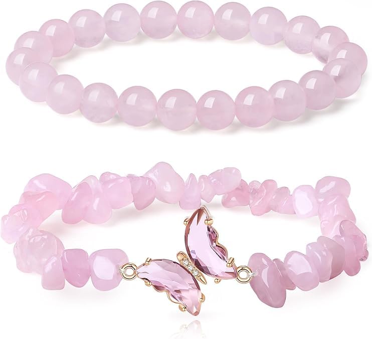 El Regalo 2PCs Natural Crystals Butterfly Bracelets Set- Real Crystals Healing Stones Bracelet Combo for Women (Pink Rose Quartz)