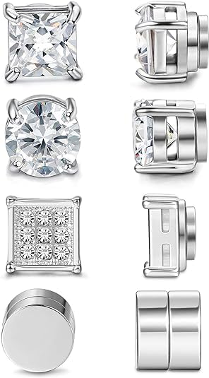 El Regalo 4 Pairs Stainless Steel Magnetic Unisex Stud Earrings for Men Women- CZ Non-Piercing Clip On Stud Earrings Set (Silver)