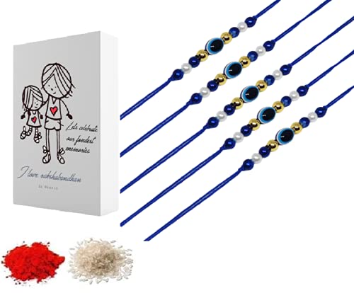 El Regalo 5 PCs Rakhi Combo - Evil Eye Rakhi Set for Brother - 5 Lucky Kabbalah Blue Turkish Evil Eye Rakhi for Bhaiya/Bhai/Brother/Nephew (Option-2)