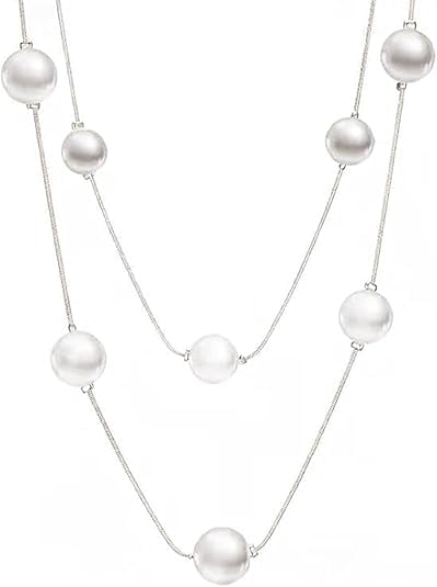 El Regalo Layered Faux Pearl Long Necklace for Women & Girls - Bohemian Chic Statement Jewelry | Simulated Pearls & Brass Snake Chain | Double Strand Sweater Necklace for Elegant Occasions (Silver)