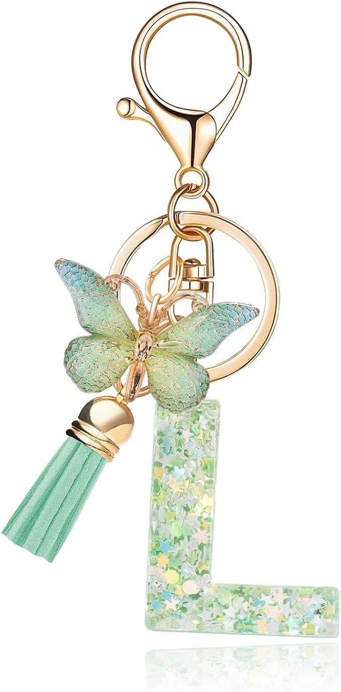 El Regalo Personalized Name Initials Butterfly Charm Keychain - Name Letters Keyring with Green Butterfly & Stars Filled Resin & Tassel Pendant, Purse, Bag, Backpack Accessory (Letter L)