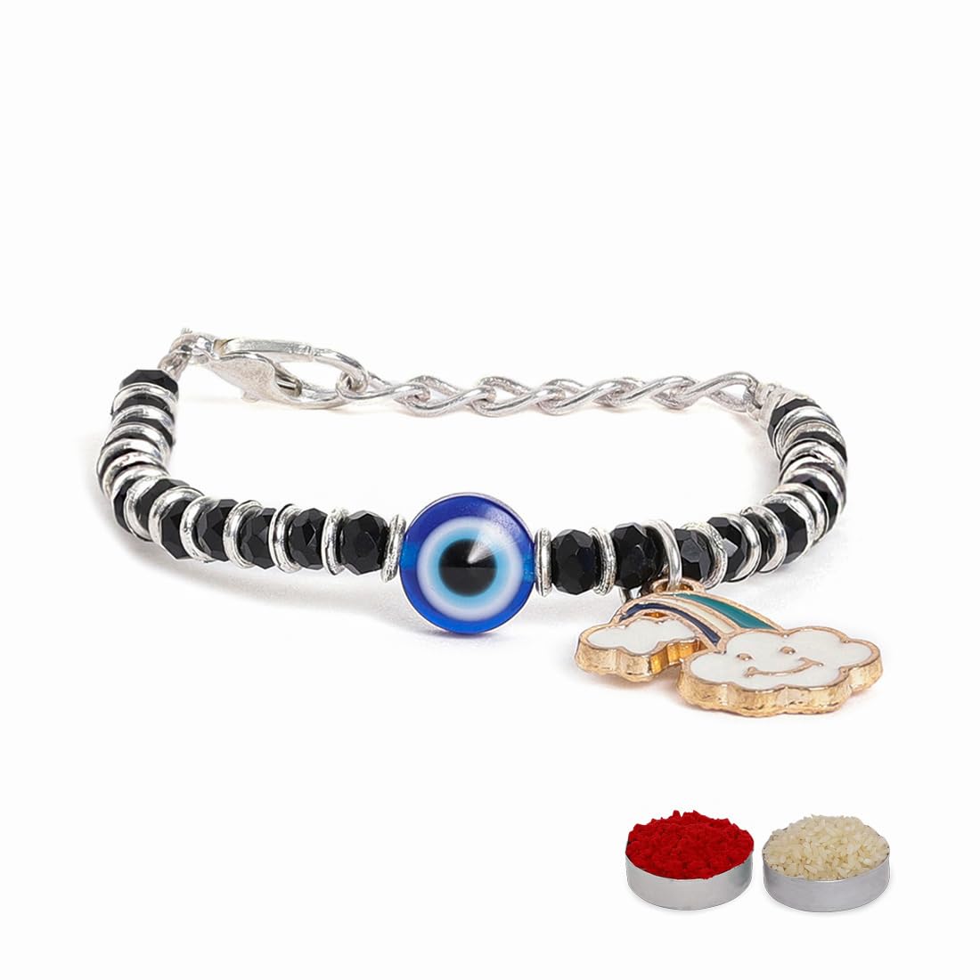 El Regalo 1st Rakhi for Baby Brother - 925Silver Plated Cute Charms Evil Eye Nazaria Rakhi with shagun, Rakhi Message Card in Rakhi Gift Box for Kids/Babies/Toddlers (Cloud Evil Eye Nazaria Rakhi)