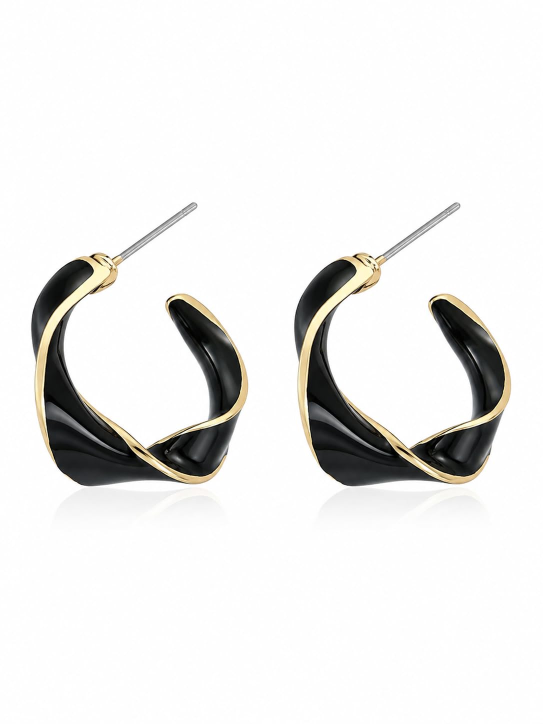 EL Regalo 1 Pair Wave Minimalist Gold Details Studs Hoop Earrings: Statement Loop Earrings for Girls & Women (Black)