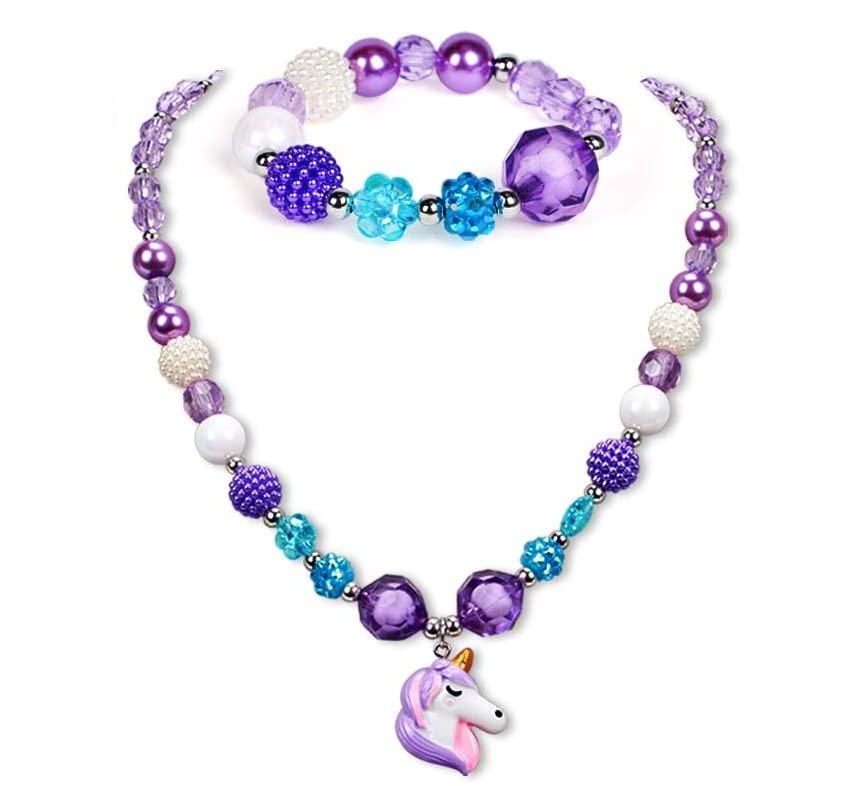 El Regalo 2 PCs Kids Girls Colorful Jewelry Sets - Kids Candy Color Unicorn, Mermaid, Rainbow themes based Necklace & Bracelets Sets for Girls & Toddlers (Purple Unicorn Necklace & Bracelet)