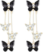 El Regalo Cute 3D Crystal Butterfly Tassel Earrings for Women & Girls | 18K Gold Plated Long Hanging Drop Linear Earrings | Elegant Korean Aesthetic Western Party Jewelry (Black)