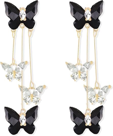 El Regalo Cute 3D Crystal Butterfly Tassel Earrings for Women & Girls | 18K Gold Plated Long Hanging Drop Linear Earrings | Elegant Korean Aesthetic Western Party Jewelry (Black)