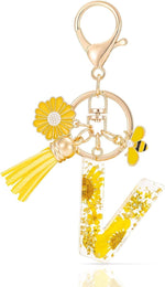 El Regalo Personalized Name Initials Natural Flowers & Bee Charm Keychain - Custom Letter Keyring with Daisy Flower & Honey Bee Pendant, Purse, Bag, Backpack Accessory (Letter V)