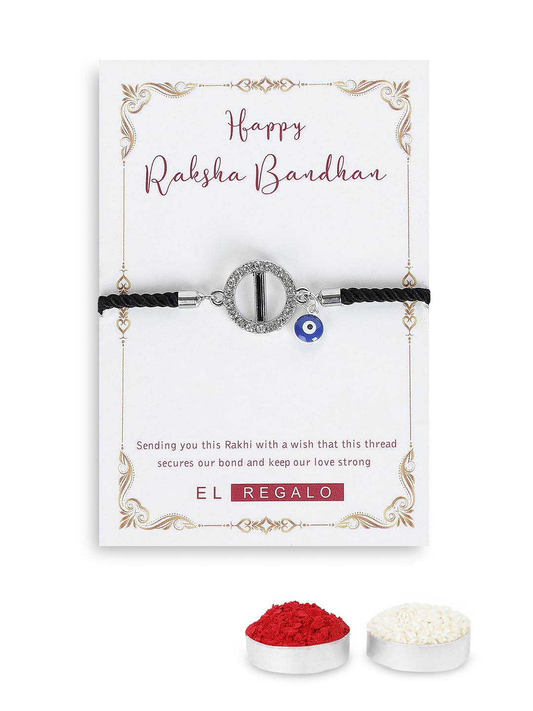 El Regalo Name Initials Evil Eye Bracelet Rakhi for Brother- Name Letter CZ Rakhi with Roli Chawal, Message Card in Rakshabandhan Box for Bhai (Black-I)