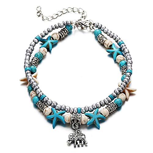 El Regalo Antique Silver Tone Multi Layer Turquoise Beach Beaded Bohemian Fashion Charm Anklets for Women & Girls (Elephant Charm)