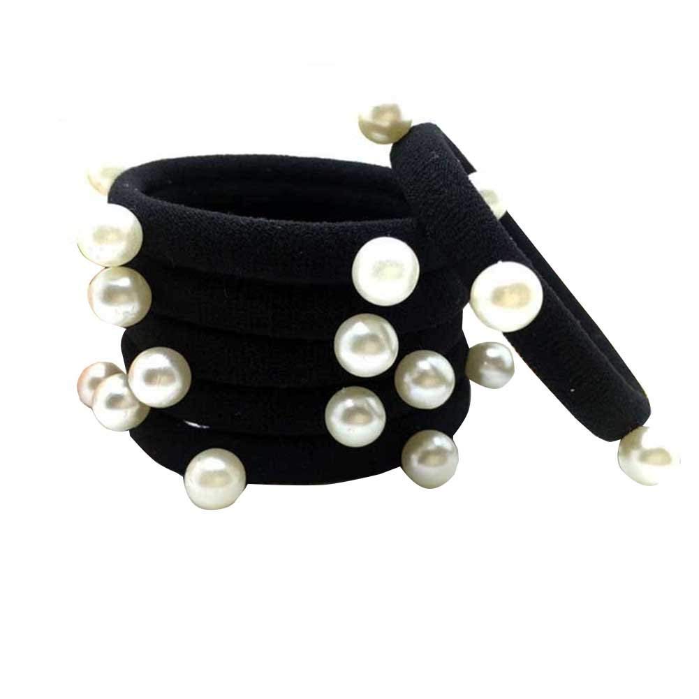 El Regalo Imitation Pearls Elastic Rubber Band Ties Ponytail Holder Scrunchy (Combo Set of 6) | Fancy Rubber Bands for Girls & Women | Fancy Rubber Bands for Hairs (Black)