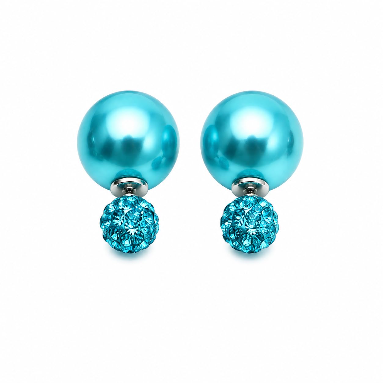 El Regalo's Double Sided 2 Ways Disco Ball Pearl Stud Earrings for Women | Reversible Front Back Ball Earrings | Crystal Rhinestone Back | Fashion Jewelry for Girls (Teal Blue Pearl)