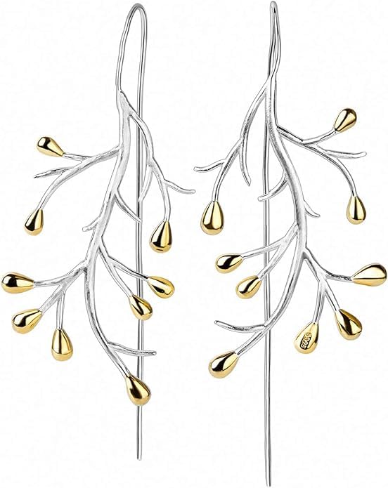 El Regalo 1 Pair Uniquely Handcrafted Tree Branch Dangle Earring for Women/Girls- Dual Tone Gold & Silver Statement Earrings with Blossoming Golden Buds