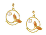 El Regalo Mermaid Tail Pearl Enamel Earring for Women & Girls- Mermaid Tail Pearl Earrings with Gold, Pearl & Teal Accents (Silky Orange)
