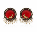 El Regalo Big Antique Oxidised Vintage Stud Earrings for Women and Girls | Boho Ethnic Statement Dual Tone Ear Tops with 3D Gold Deer Motif & Hanging Pearl Drops | Premium Traditional Festive Gift Jewelry (Red)